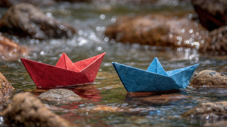 Two vibrant paper boats float gently on a clear stream surrounded by smooth stones and sparkling water.の素材
