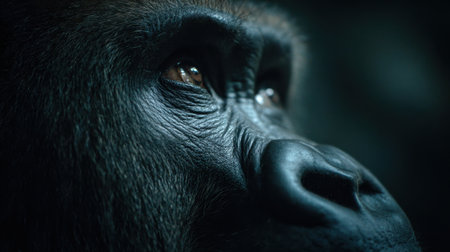 This striking portrait reveals a gorillas intense expression and thoughtful gaze capturing its powerful nature.の素材