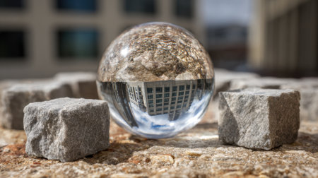 A clear glass sphere rests on rough stones reflecting buildings and city life in its surface.の素材