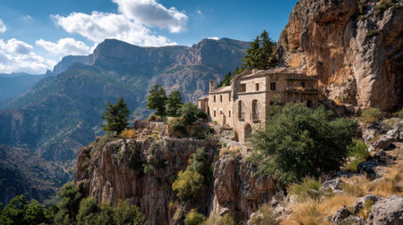 Bright sunlight illuminates a beautiful stone house on a cliff surrounded by stunning mountains.の素材