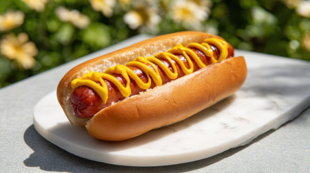 A delicious hot dog lies in a bun drizzled with mustard ready to be enjoyed in a vibrant garden.の素材