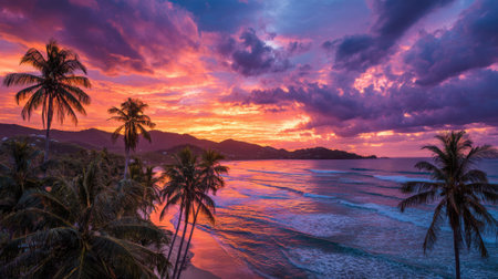 Colorful clouds roll over the horizon as waves crash softly against the shore surrounded by palm trees.の素材
