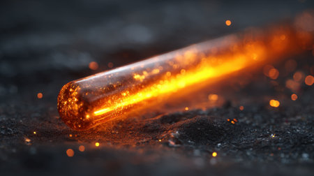 A glowing glass rod emits a warm orange light casting sparkles on a dark surface.の素材