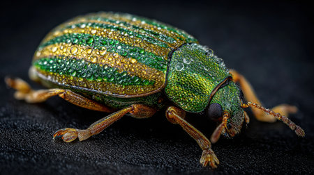 This vibrant beetle showcases brilliant green and gold stripes adorned with glistening dew drops.の素材