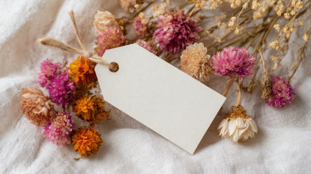 A collection of colorful dried flowers surrounds a blank tag on a soft textured fabric surface.の素材
