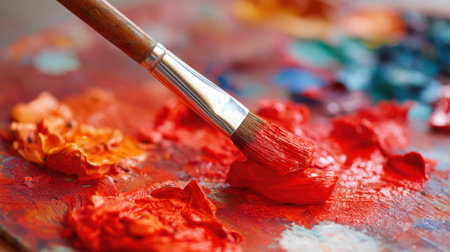 A brush stirs bright red paint on a palette full of rich colors showing artistic creativity in action.の素材