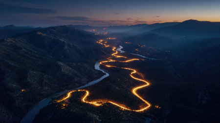 A river meanders through a mountainous landscape at dusk creating a peaceful scenic view.の素材