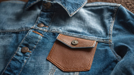Close up view of a denim jacket featuring unique leather accents on the pocket highlighting texture.の素材