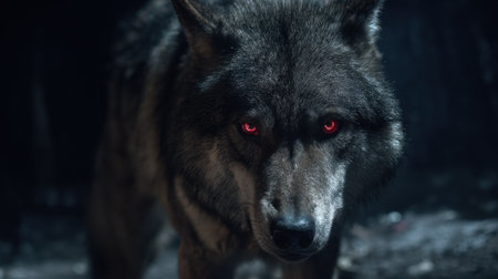 A powerful wolf with bright red eyes stands watch in a dimly lit forest creating an eerie atmosphere.の素材