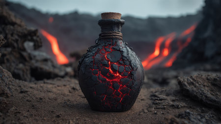 A bottle with glowing cracks stands against a backdrop of flowing lava at dusk.の素材