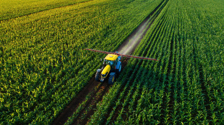 A vibrant yellow tractor moves through a green cornfield spraying crops under a sunny sky.の素材