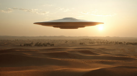 An unidentified flying object glows as it floats above dunes casting shadows at sunset.の素材