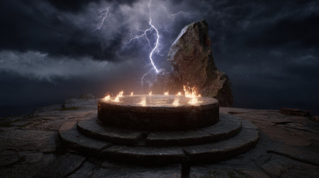 A stone altar emits flames illuminated by lightning in a dark stormy sky.の素材