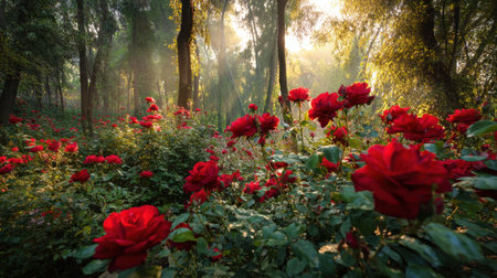 Red roses bloom abundantly in a sunlit forest surrounded by lush greenery and soft light.の素材