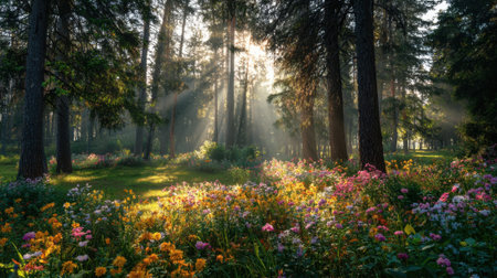 Golden rays of sunlight pierce through lush trees illuminating a colorful meadow of wildflowers.の素材