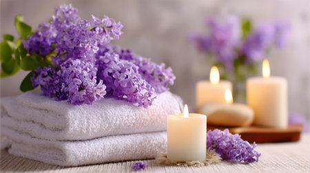 Fresh lilac blooms and flickering candles set a relaxing mood perfect for unwinding and self care.の素材