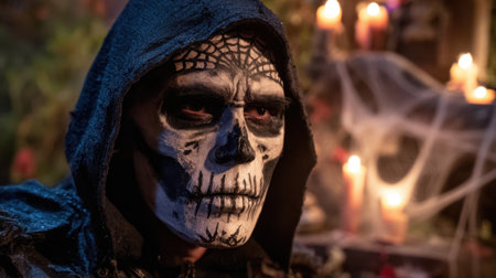 A person dressed in dark attire and skull makeup stars intensely at a candlelit display surrounded by cobwebs.の素材