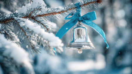 A shiny silver bell is adorned with a blue ribbon suspended from a frosty pine branch in winter.の素材