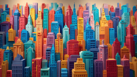 A playful display of colorful stacked blocks forms a bright city skyline showcasing creativity.の素材