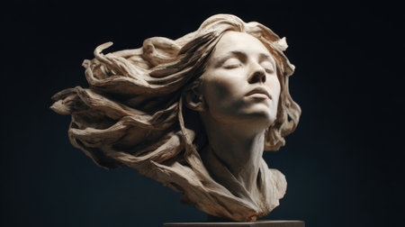 A stunning sculpture captures a womans serene expression and flowing hair evoking a sense of freedom.の素材