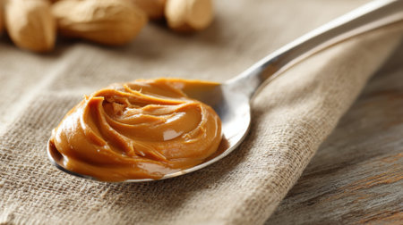Golden peanut butter rests on a spoon inviting all to enjoy its rich flavor amidst earthy textures.の素材