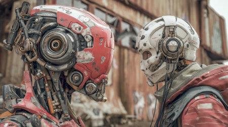 Two intricate robotic creatures stand close together in a desolate rusty area.の素材