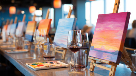 Friends gather for a relaxing painting session creating sunset landscapes while enjoying wine.の素材