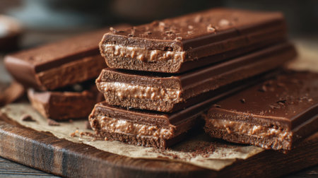 Rich chocolate bars with creamy filling rest on a rustic wooden board in soft lighting.の素材