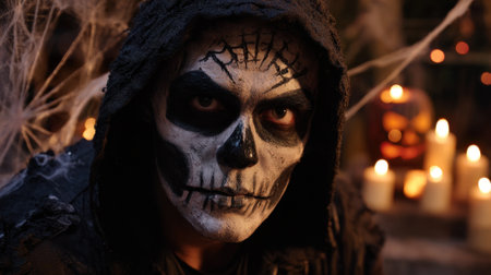 Dramatic character with skull face paint sits surrounded by flickering candles and carved pumpkins.の素材