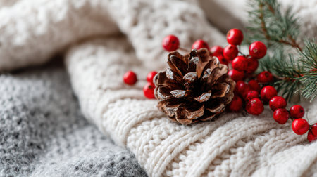 Soft knitted fabrics showcase a beautiful pinecone and vibrant red berries evoking winter warmth.の素材