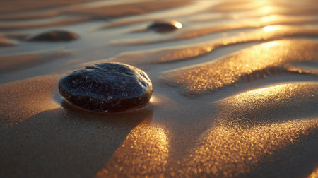 Sunlight bathes smooth stones on a sandy shore while gentle waves create shimmering reflections.の素材