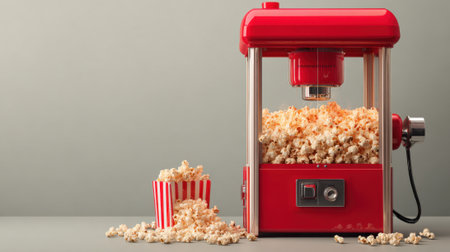 Freshly popped popcorn fills a bright red machine spilling out into striped containers nearby.の素材