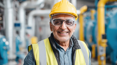 A friendly senior worker stands confidently in a factory showcasing safety gear and a warm smile.の素材