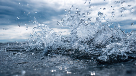 Bright droplets of water are caught mid air sparkling against an overcast sky by the ocean shores.の素材