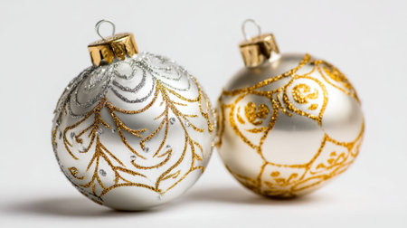 Two beautiful holiday ornaments rest on a smooth surface one silver and one gold adorned with intricate designs.の素材