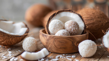 Coconut energy balls are arranged in a wooden bowl, surrounded by fresh coconut shells and flakes. The scene captures a healthy snack in a cozy, rustic setting.の素材