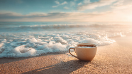 A white coffee cup rests on soft sand, with gentle ocean waves lapping nearby. The sun rises, casting a warm glow over the scene, creating a peaceful morning ambiance.の素材
