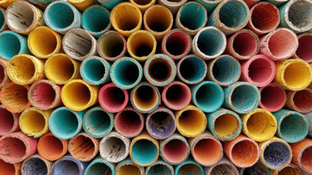 Various hollow pipes in vibrant colors are stacked in a grid pattern. The arrangement highlights artistic design and the use of bright hues, capturing attention with its unique layout.の素材