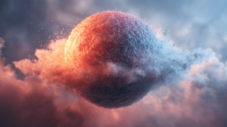 A large, colorful planet floats amidst swirling clouds in a cosmic setting, displaying shades of blue, red, and orange during twilight. The atmosphere is vivid and dynamic.の素材