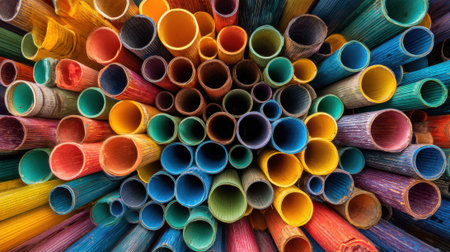 A close-up view features an assortment of recycled colorful tubes stacked in various positions. The vibrant colors create a visually engaging pattern that captures attention and inspires creativity.の素材