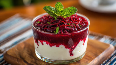 A delightful dessert features creamy layers topped with a vibrant berry sauce and fresh mint. Served in a glass dish, it invites enjoyment at a casual dining setting.の素材