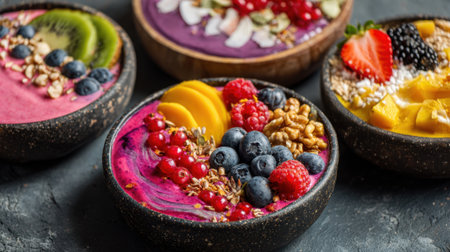 Bright smoothie bowls filled with vibrant fruit blends sit on a kitchen table. Each bowl is decorated with various toppings like berries, nuts, and seeds, creating an inviting and healthy meal.の素材