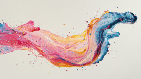 A dynamic swirl of paint in vibrant hues flows gracefully, creating an abstract wave effect. The bright colors blend together while droplets scatter, adding energy and motion.の素材