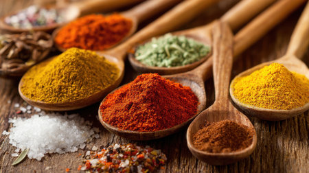 Various spices are displayed in wooden spoons on a rustic wooden table. The vibrant colors enhance the visual appeal, showing the rich flavors used in cooking.の素材