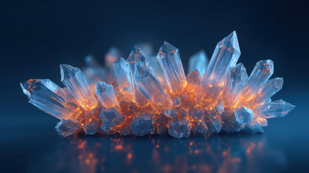 A cluster of quartz crystals sparkles with an internal orange glow against a dark blue background. The sharp edges of the crystals reflect light, creating a mystical atmosphere.の素材