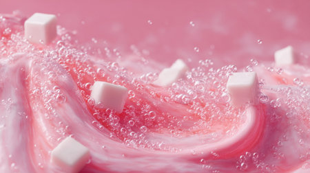 A vibrant mixture of pink swirls and bubbles showcases a fun, sugary dessert. Small sugar cubes float above the smooth, whipped texture, creating a playful visual experience.の素材