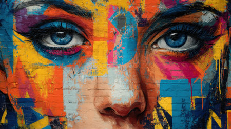 A vibrant mural captures a woman's face with bold colors and intricate details. The woman's blue eyes stand out against the bright background of paint splashes and patterns.の素材