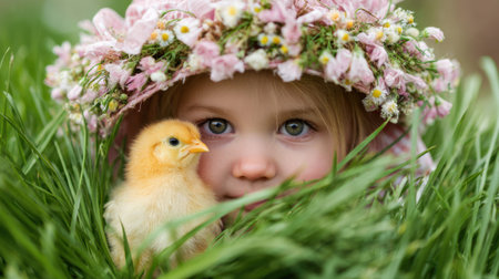 A young girl wearing a flower crown peeks through tall green grass while holding a fluffy yellow chick. The scene captures the essence of springtime joy and innocence.の素材