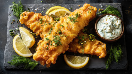 Two golden, crispy fried fish fillets sit on a dark slate board, garnished with fresh herbs. Lemon wedges and a bowl of tartar sauce accompany the dish, creating an inviting meal.の素材