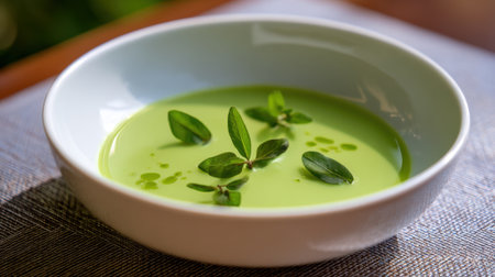 A smooth and vibrant green soup is presented in a white bowl, garnished with fresh herbs. The setting is calm and inviting, perfect for a comforting meal.の素材